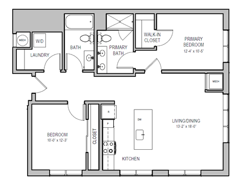 Floor plan for 2 beds, 2 baths, 1119 sqft