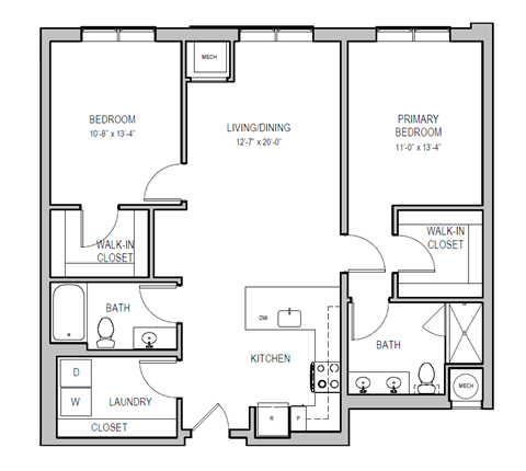 Floor plan for 2 beds, 2 baths, 1175 sqft