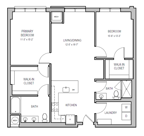 Floor plan for 2 beds, 2 baths, 1197 sqft
