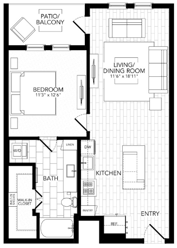 Floor plan for 1 bed, 1 bath, 747 sqft