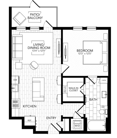 Floor plan for 1 bed, 1 bath, 756 sqft