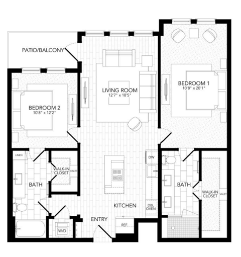 Floor plan for 2 beds, 2 baths, 1181 sqft