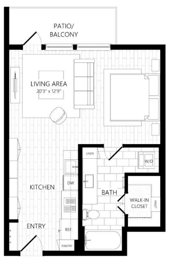 Floor plan for studio, 1 bath, 579 sqft