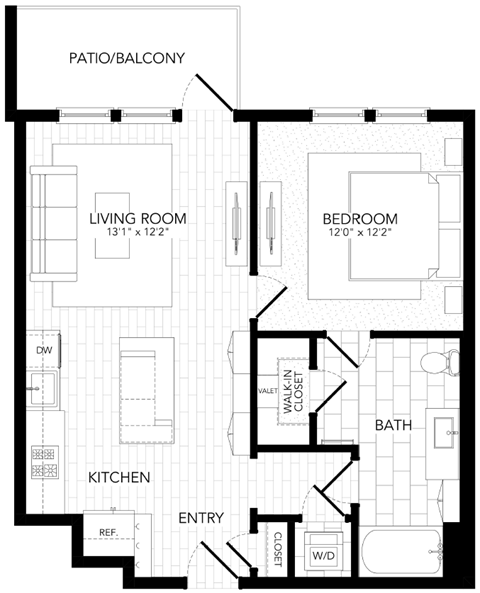 Floor plan for 1 bed, 1 bath, 756 sqft