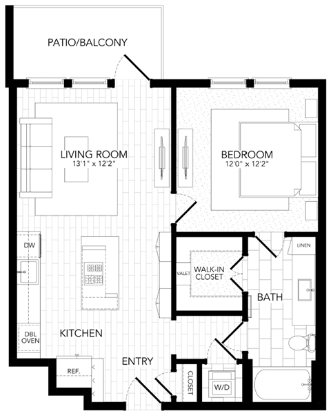 Floor plan for 1 bed, 1 bath, 757 sqft