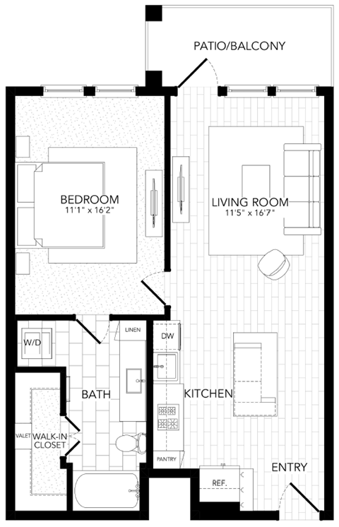 Floor plan for 1 bed, 1 bath, 768 sqft