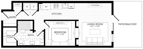 Floor plan for 1 bed, 1 bath, 792 sqft