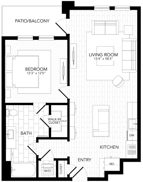 Floor plan for 1 bed, 1 bath, 842 sqft