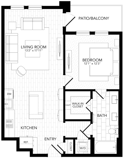 Floor plan for 1 bed, 1 bath, 843 sqft
