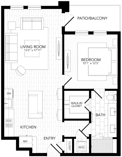 Floor plan for 1 bed, 1 bath, 843 sqft