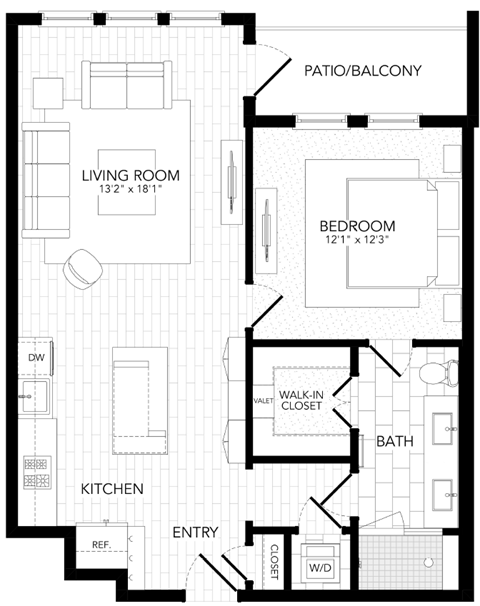 Floor plan for 1 bed, 1 bath, 843 sqft