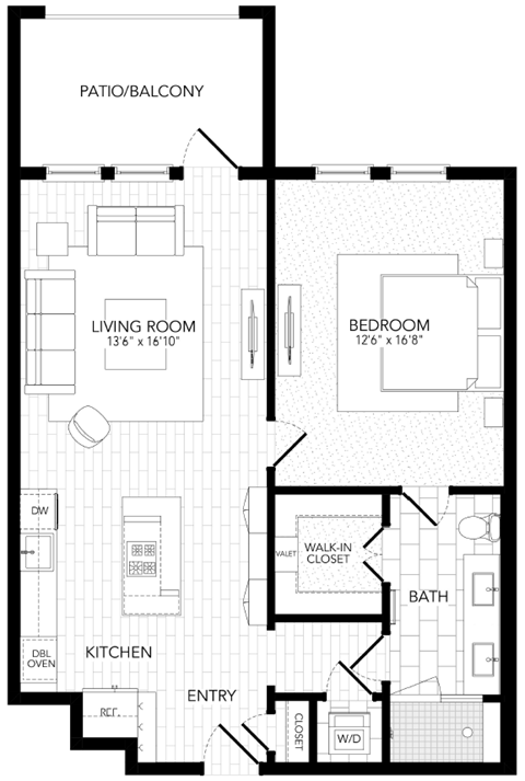 Floor plan for 1 bed, 1 bath, 864 sqft