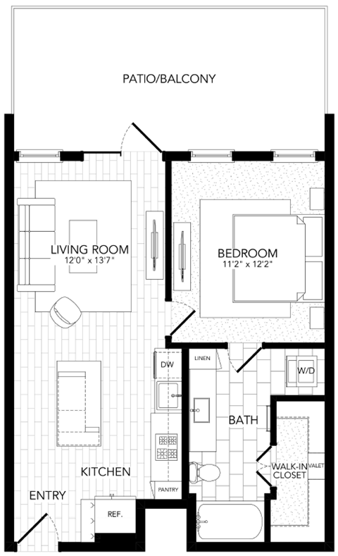 Floor plan for 1 bed, 1 bath, 696 sqft