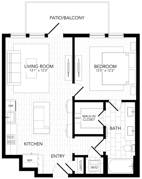 Floor plan for 1 bed, 1 bath, 756 sqft