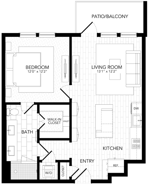 Floor plan for 1 bed, 1 bath, 756 sqft