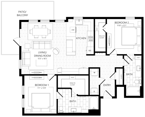 Floor plan for 2 beds, 2 baths, 1342 sqft