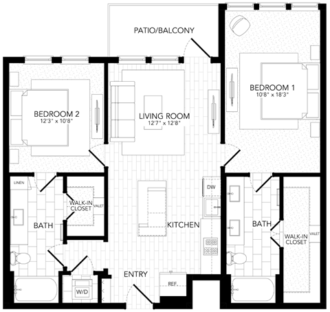 Floor plan for 2 beds, 2 baths, 1079 sqft