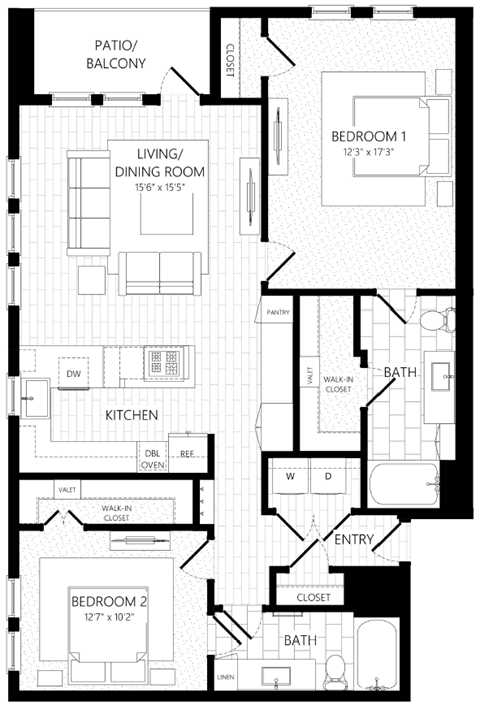 Floor plan for 2 beds, 2 baths, 1390 sqft