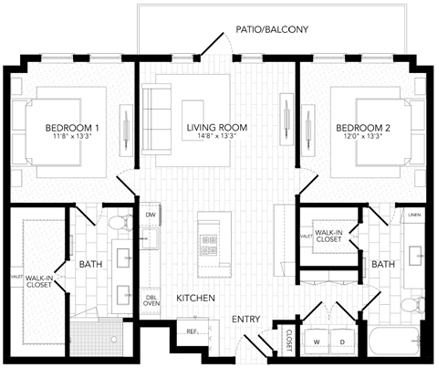 Floor plan for 2 beds, 2 baths, 1172 sqft