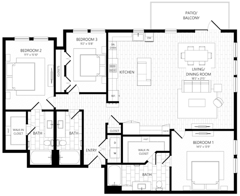 Floor plan for 3 beds, 3 baths, 1895 sqft