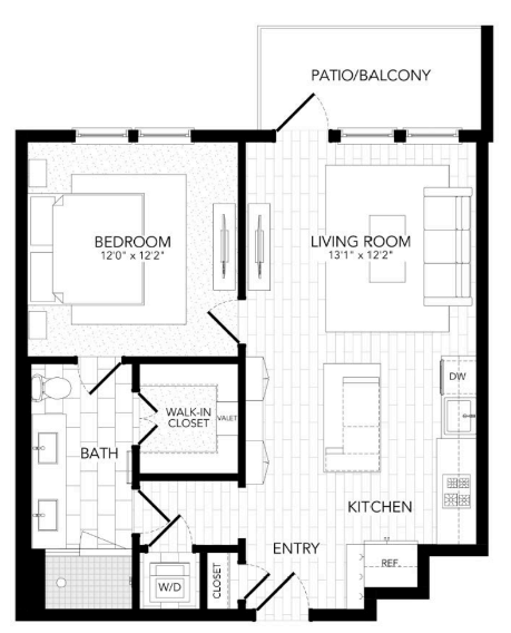 Floor plan for 1 bed, 1 bath, 756 sqft