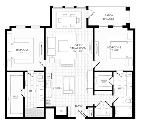 Floor plan for 2 beds, 2 baths, 1243 sqft