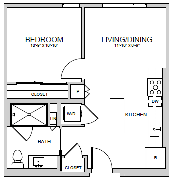 Floor plan for 1 bed, 1 bath, 594 sqft