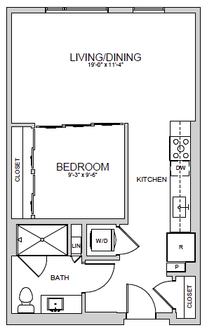 Floor plan for 1 bed, 1 bath, 649 sqft