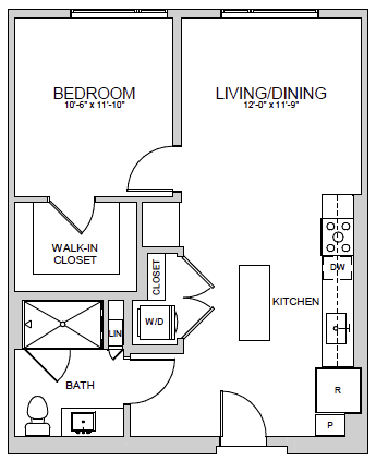 Floor plan for 1 bed, 1 bath, 706 sqft