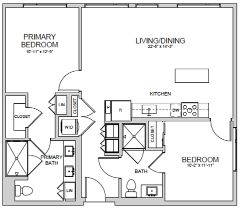 Floor plan for 2 beds, 2 baths, 1044 sqft