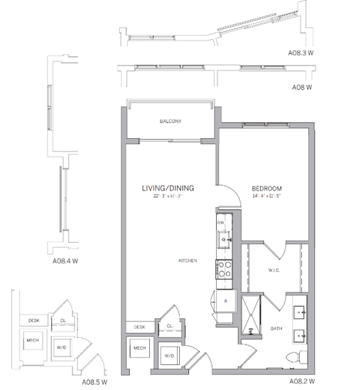 Floor plan for 1 bed, 1 bath, 748 sqft