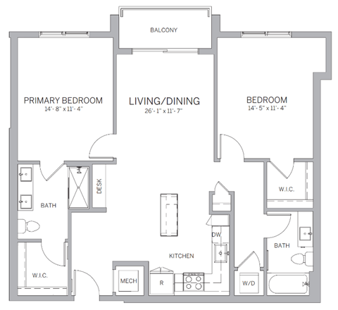 Floor plan for 2 beds, 2 baths, 1136 sqft