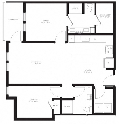 Floor plan for 2 beds, 2 baths, 998 sqft