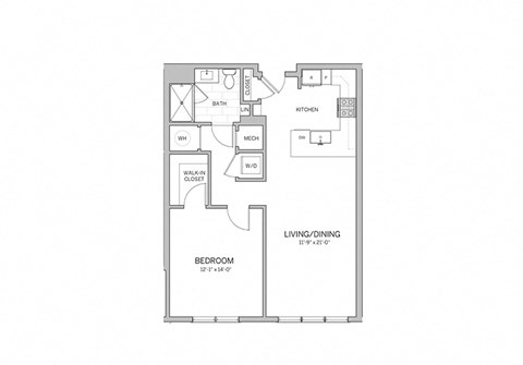 Floor plan for 1 bed, 1 bath, 833 sqft