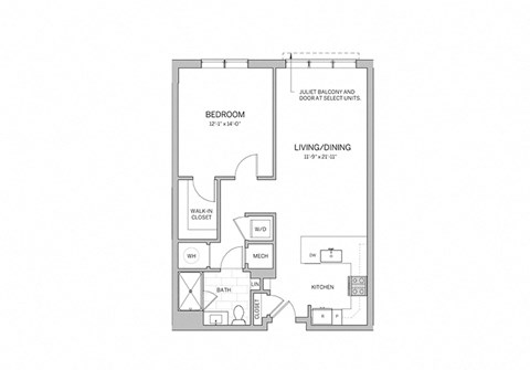Floor plan for 1 bed, 1 bath, 860 sqft