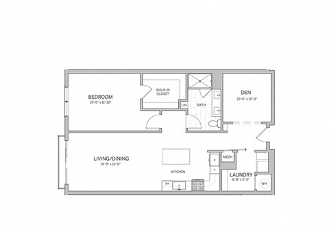 Floor plan for 1 bed, 1 bath, 1086 sqft