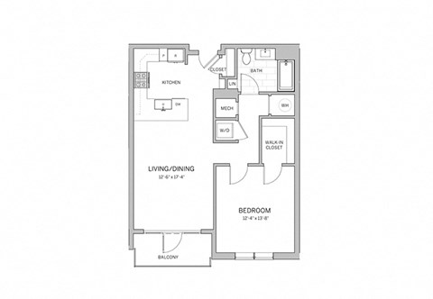 Floor plan for 1 bed, 1 bath, 821 sqft