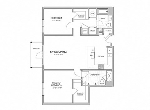 Floor plan for 2 beds, 2 baths, 1332 sqft