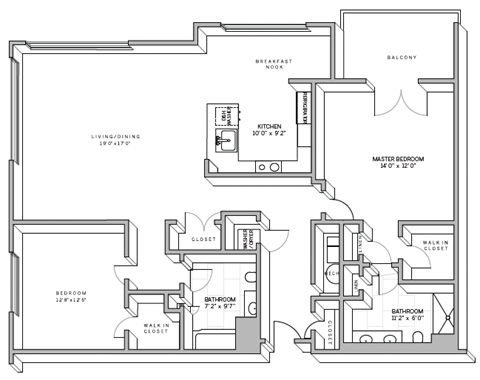 Floor plan for 2 beds, 2 baths, 1407 sqft