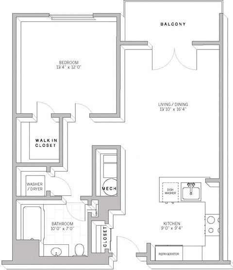 Floor plan for 1 bed, 1 bath, 849 sqft