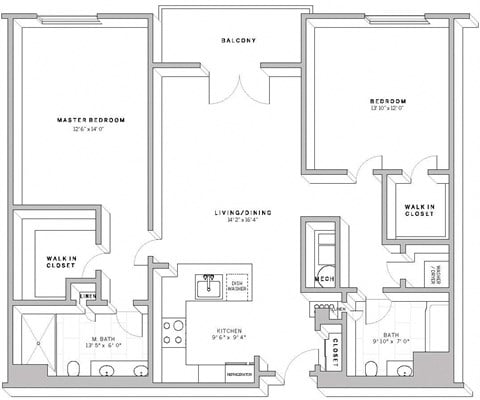 Floor plan for 2 beds, 2 baths, 1278 sqft
