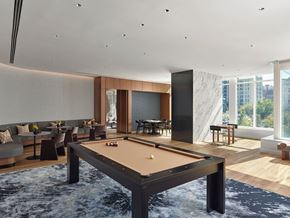 White Plains apartment for rent - A pool table is in the middle of a room with a couch and a dining table.