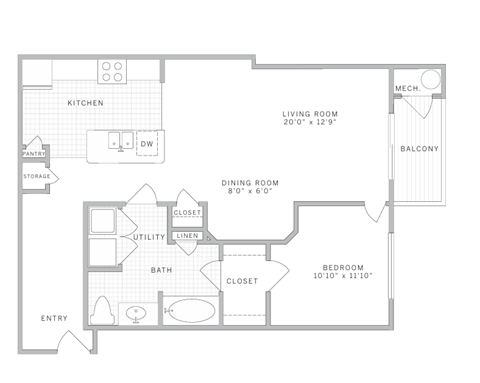Floor plan for 1 bed, 1 bath, 929 sqft