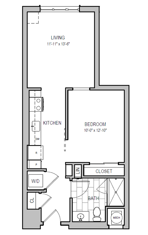 Floor plan for 1 bed, 1 bath, 626 sqft