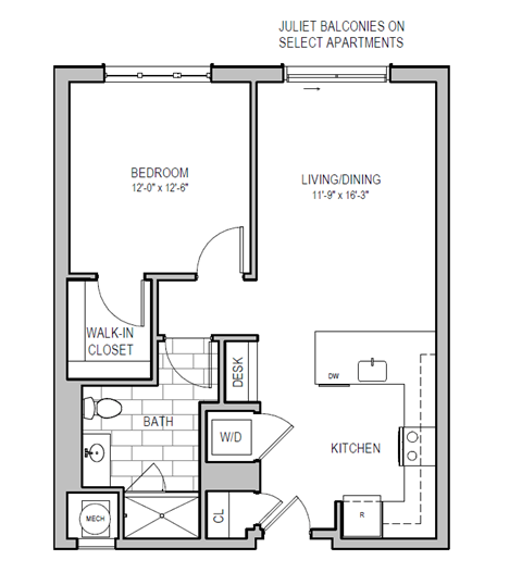 Floor plan for 1 bed, 1 bath, 768 sqft