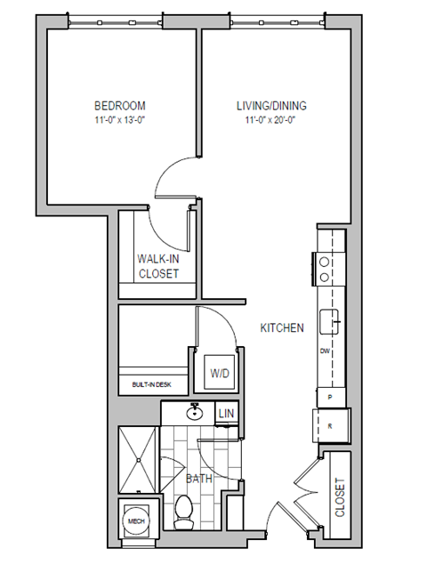 Floor plan for 1 bed, 1 bath, 773 sqft