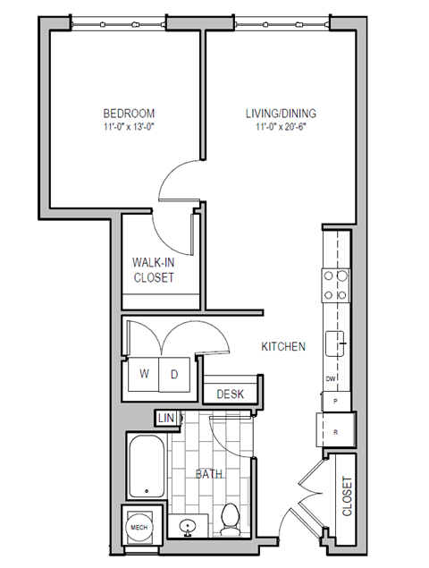 Floor plan for 1 bed, 1 bath, 773 sqft