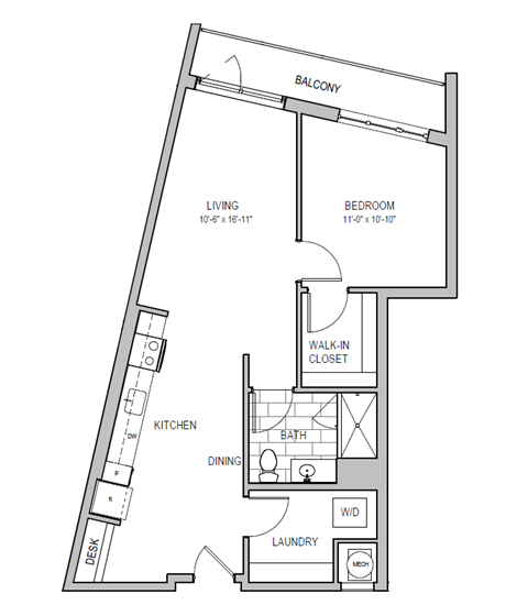 Floor plan for 1 bed, 1 bath, 803 sqft