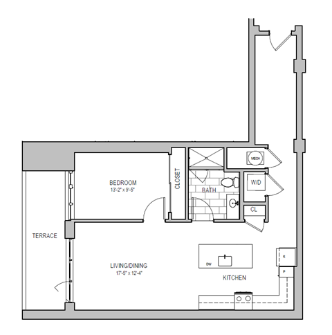 Floor plan for 1 bed, 1 bath, 887 sqft