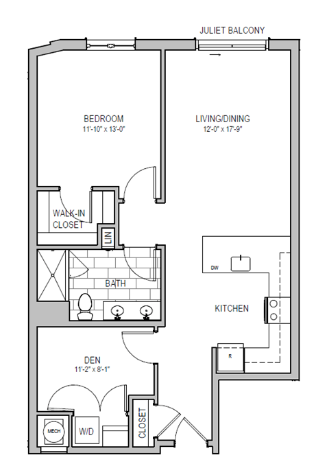 Floor plan for 1 bed, 1 bath, 915 sqft